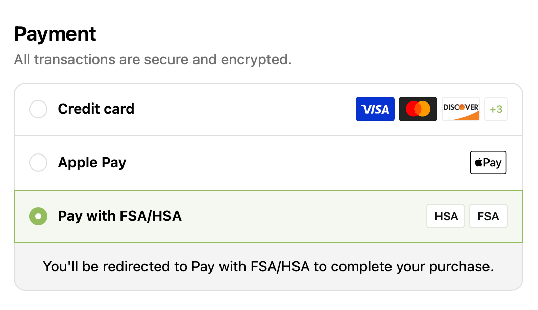 HSA/FSA listed among the payment options, next to card and wallet options