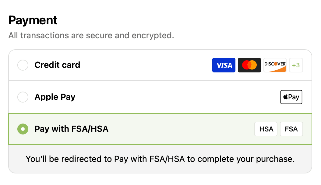 HSA/FSA listed among the payment options, next to card and wallet options